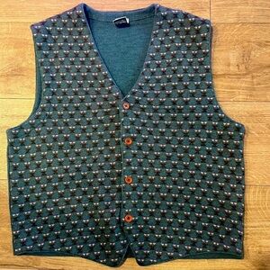 Vintage Wool Blend Knit Vest Teal Patterned Button Front Size L Made in Italy